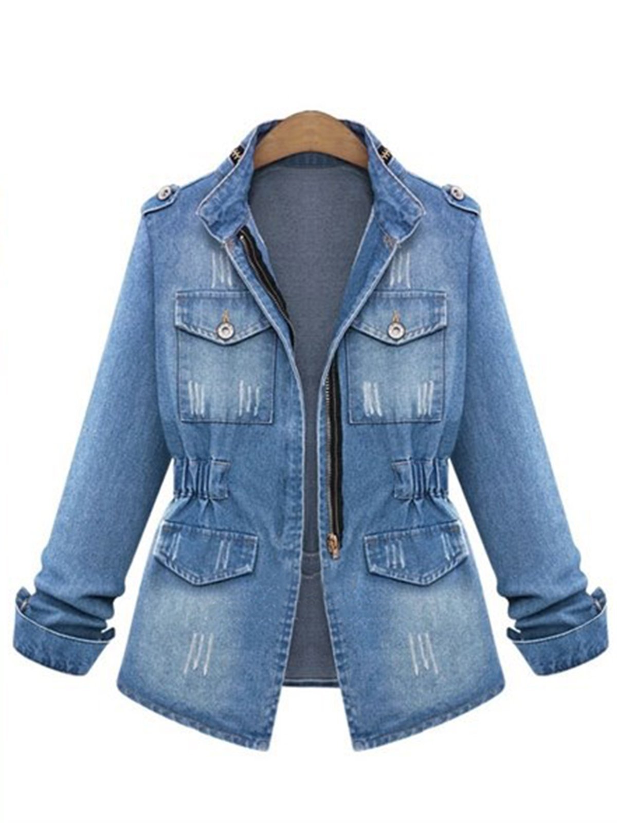 Casual Pockets Denim Stand Collar Causal Coats