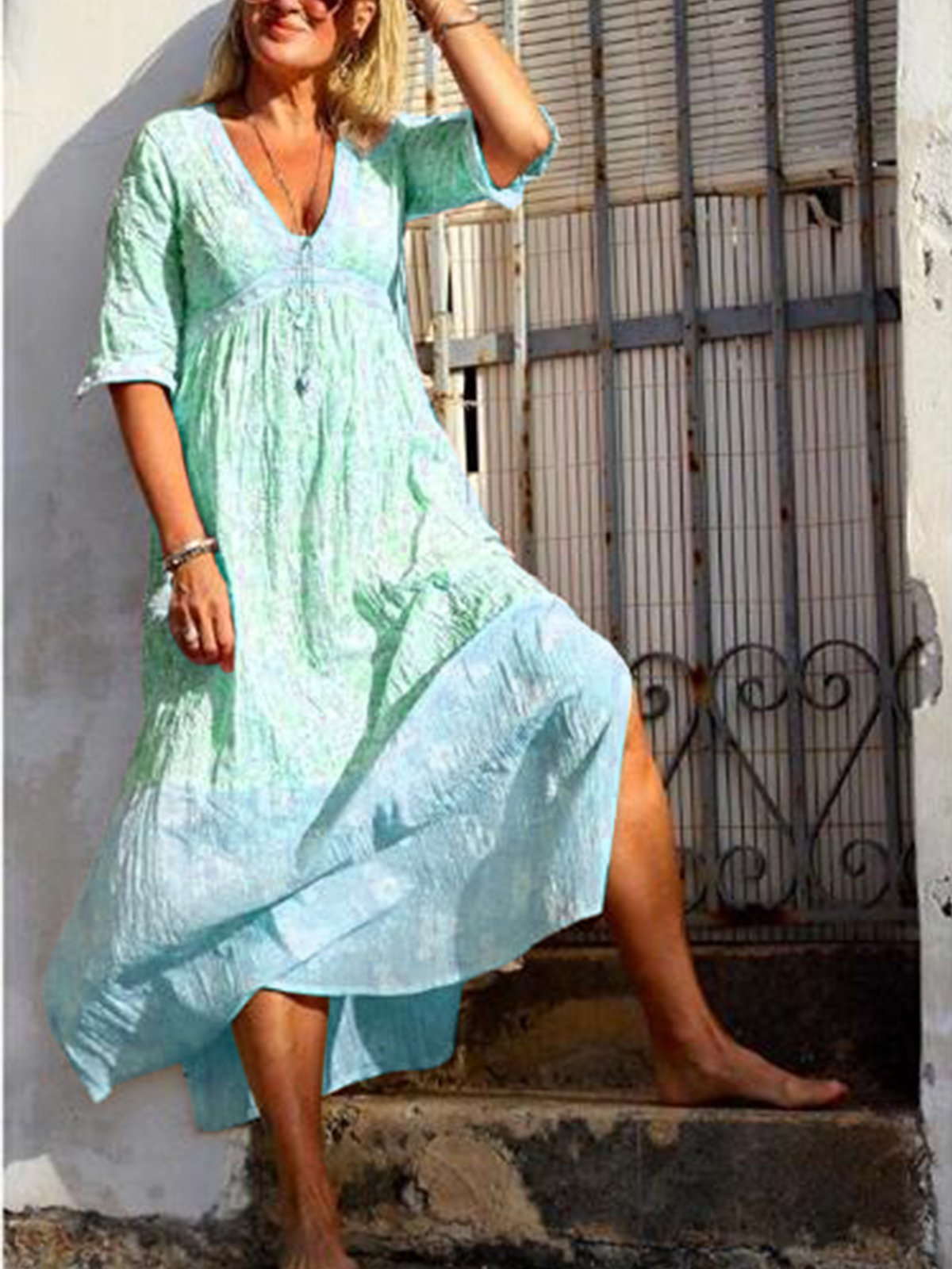 Pink Printed V Neck Boho Dresses