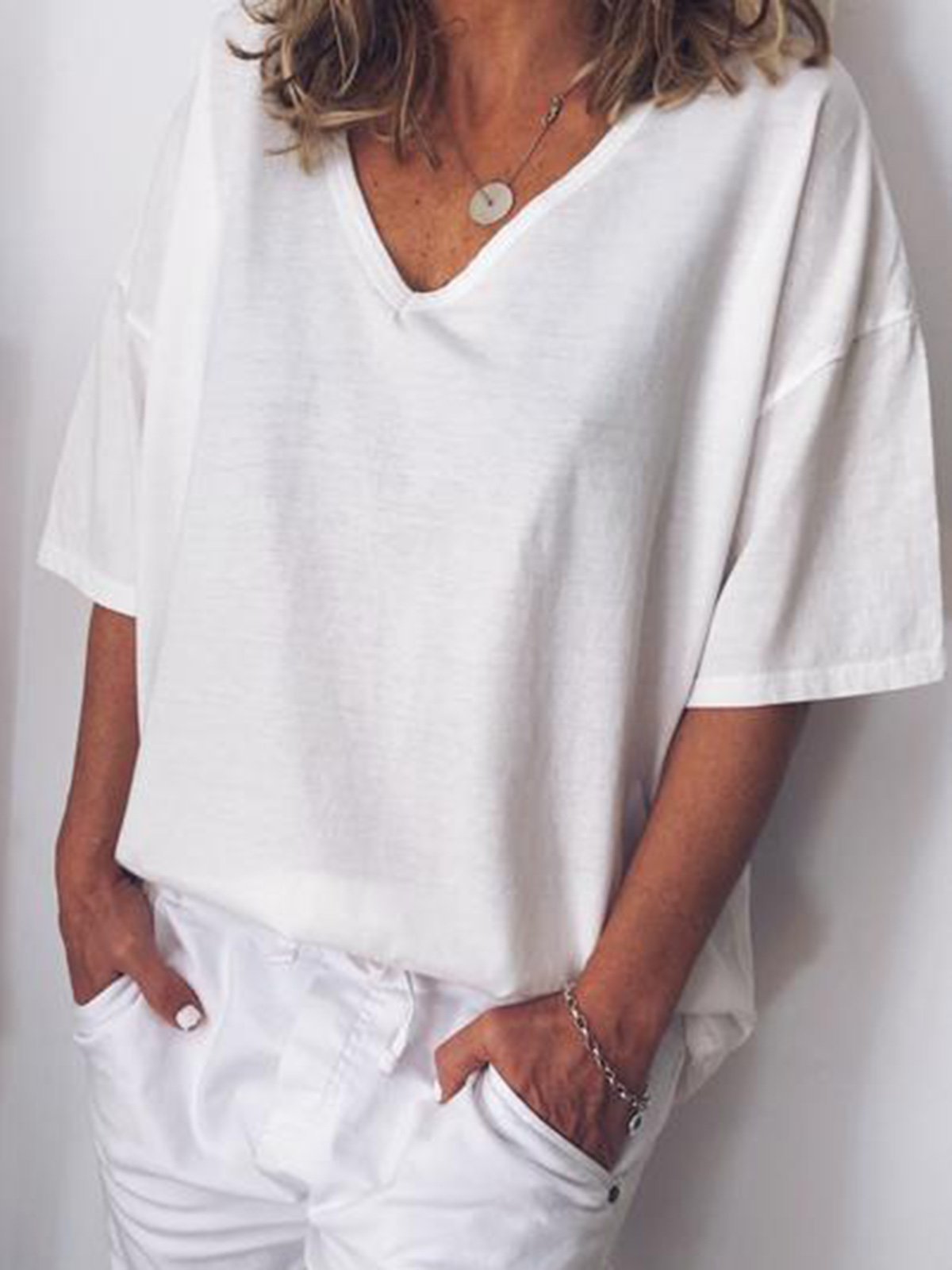 Women V Neck Cotton T Shirt Top Tunic