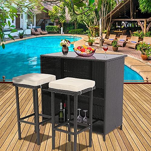 Do4U 3 Pieces Patio Bar Table Set All-Weather Outdoor Expresso Wicker Bar with 2 Storage Shelves Glass Top Table Cushioned Chairs for Poolside (Beige)
