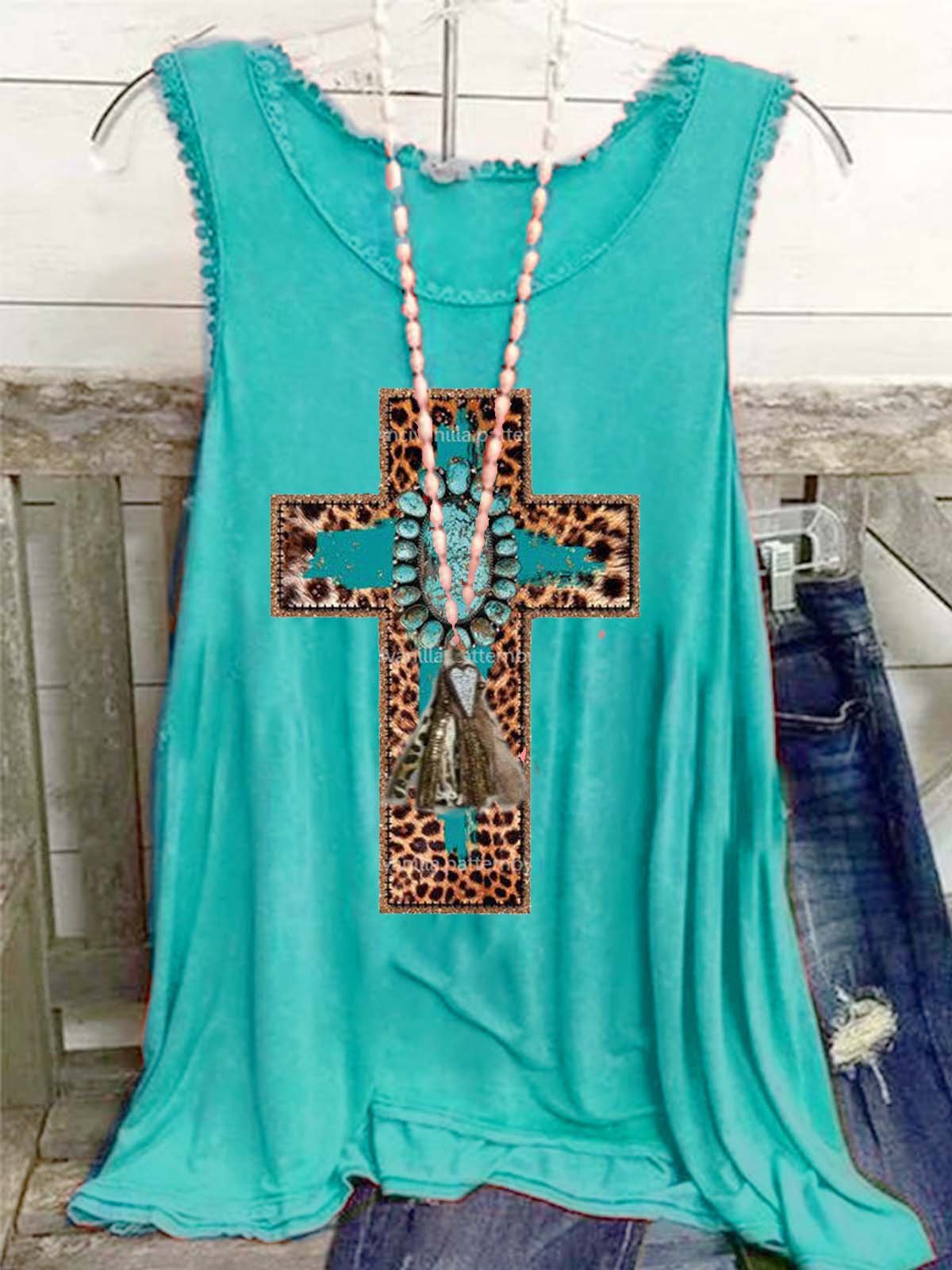 Sleeveless Vintage Printed Crew Neck Shirts & Tops