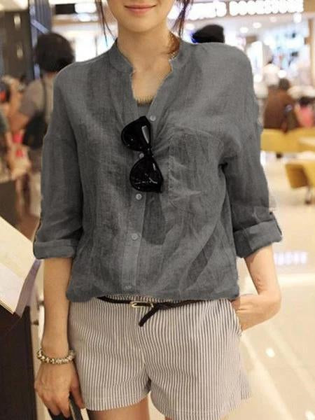 Buttoned Long Sleeve Stand Collar Casual Linen Blouse