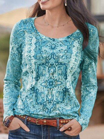 Boho O-Neck Cotton-Blend Geometric Shirts & Tops