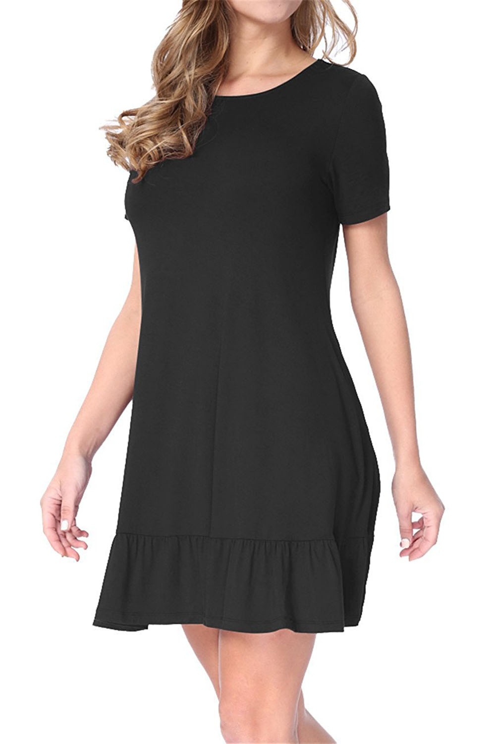 Black Short Sleeve Draped Hemline Casual Shirt Dress