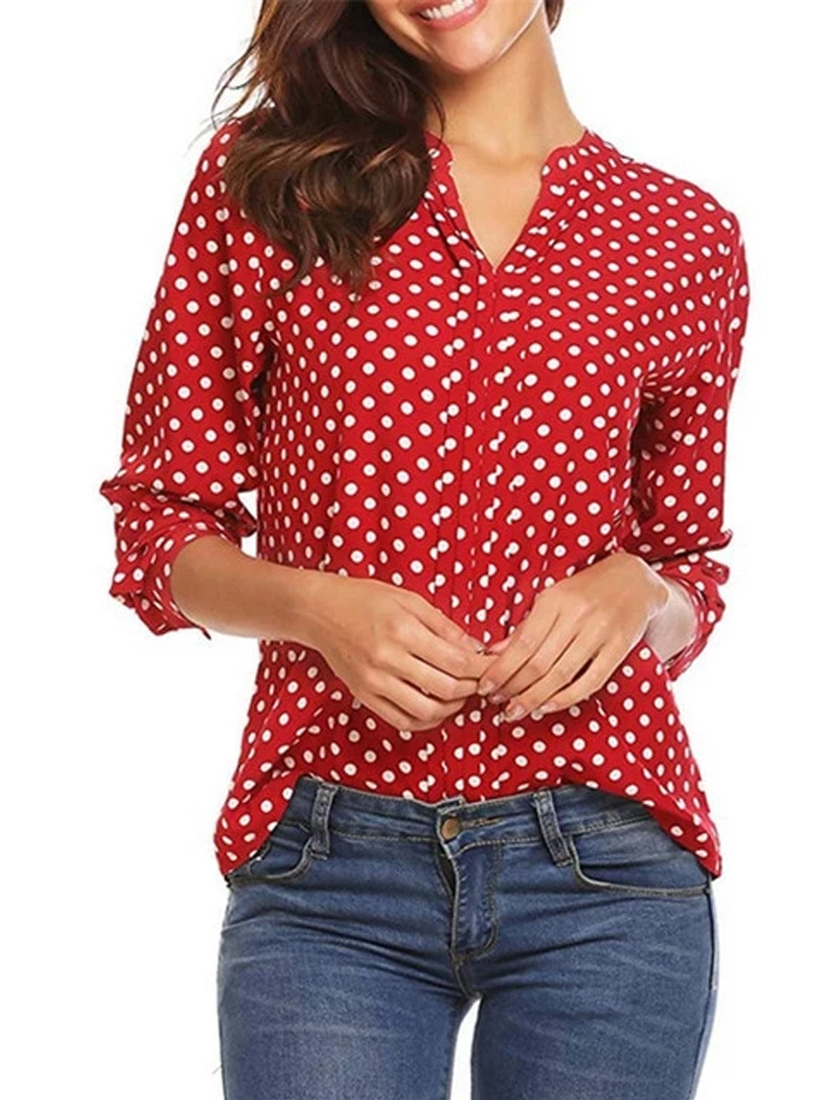 Plus Size Polka Dot Chiffon Blouse Shirts V-neck Long Sleeve Tops