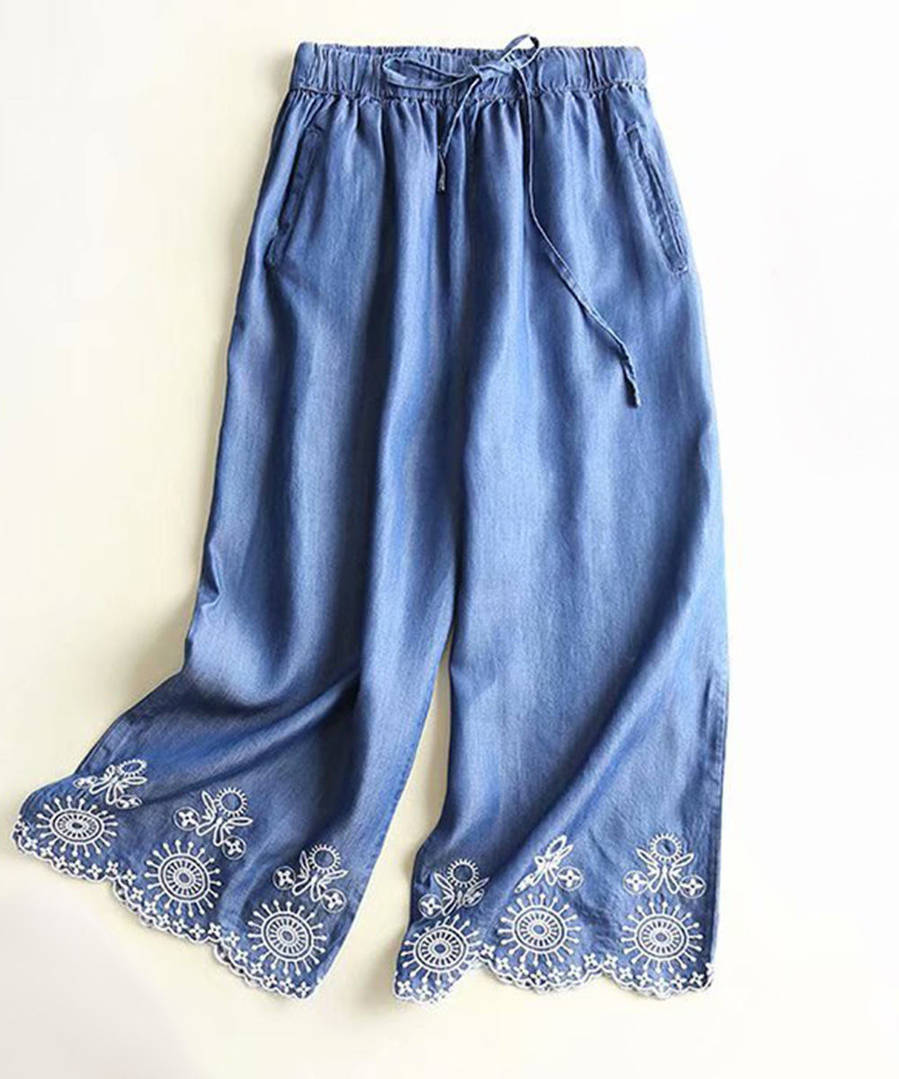 Women's Embroidered-Trim Denim Gaucho Pants