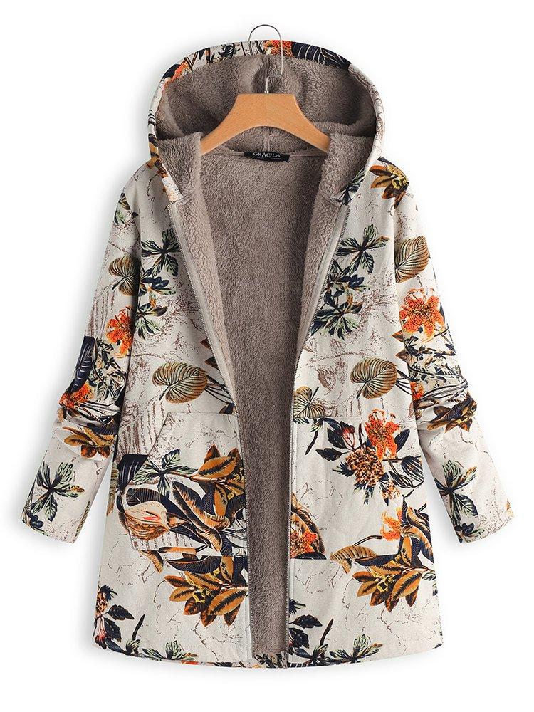Vintage Leaves Floral Print Hooded Long Sleeve Coats