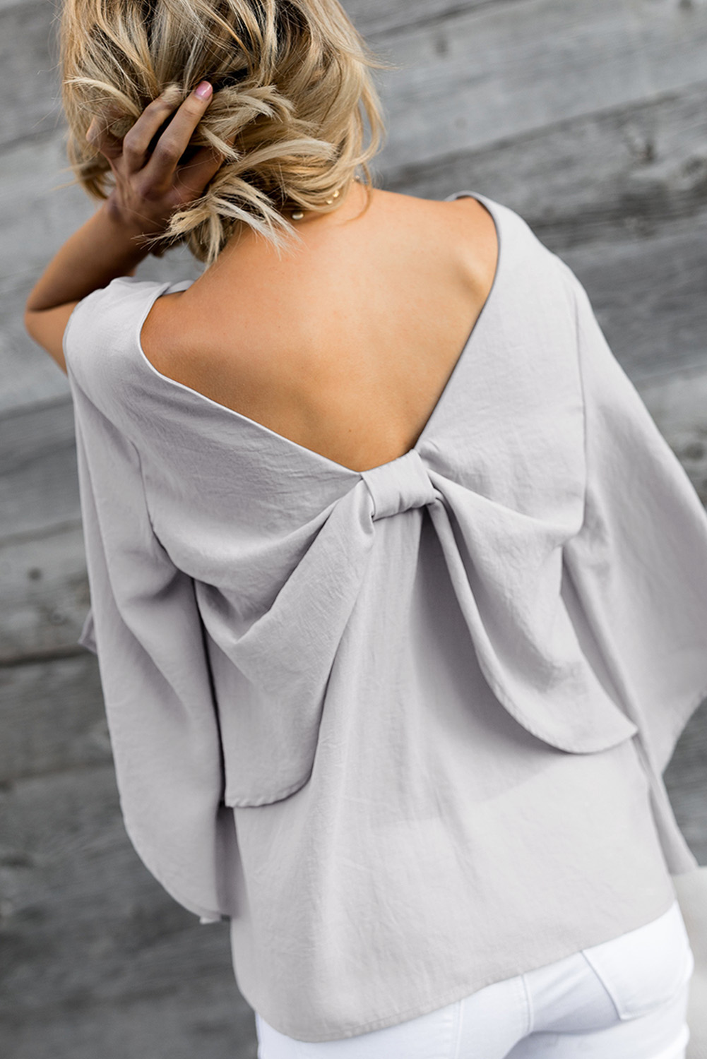 Gray V-Neck Bowknot Three-Quarter Sleeve Blouse
