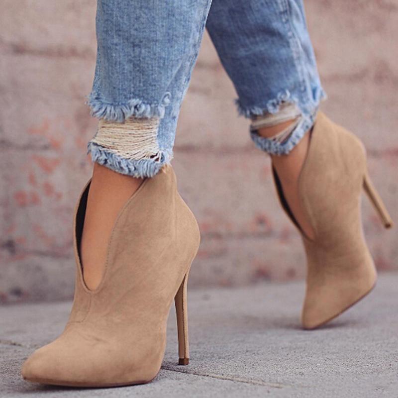 Women Spring Ankle Boots Cut Out High Heel Suede Shoes