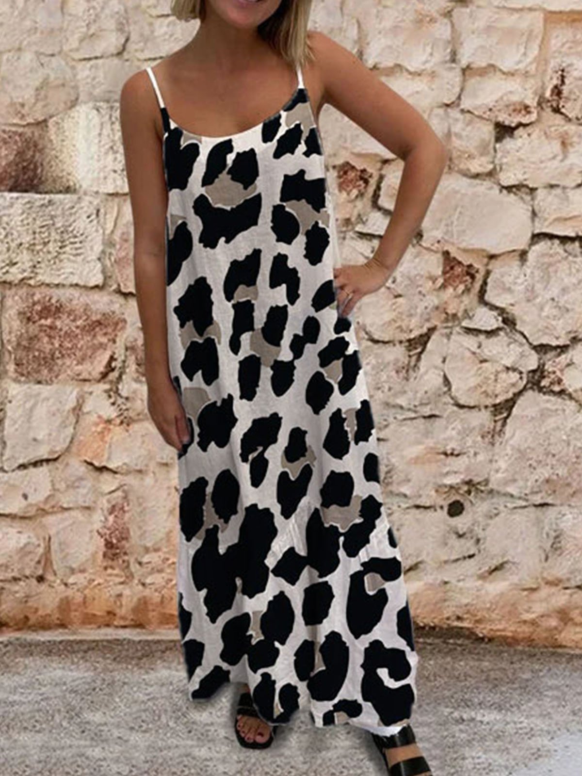 Leopard Casual Spaghetti-Strap Crew Neck Dresses