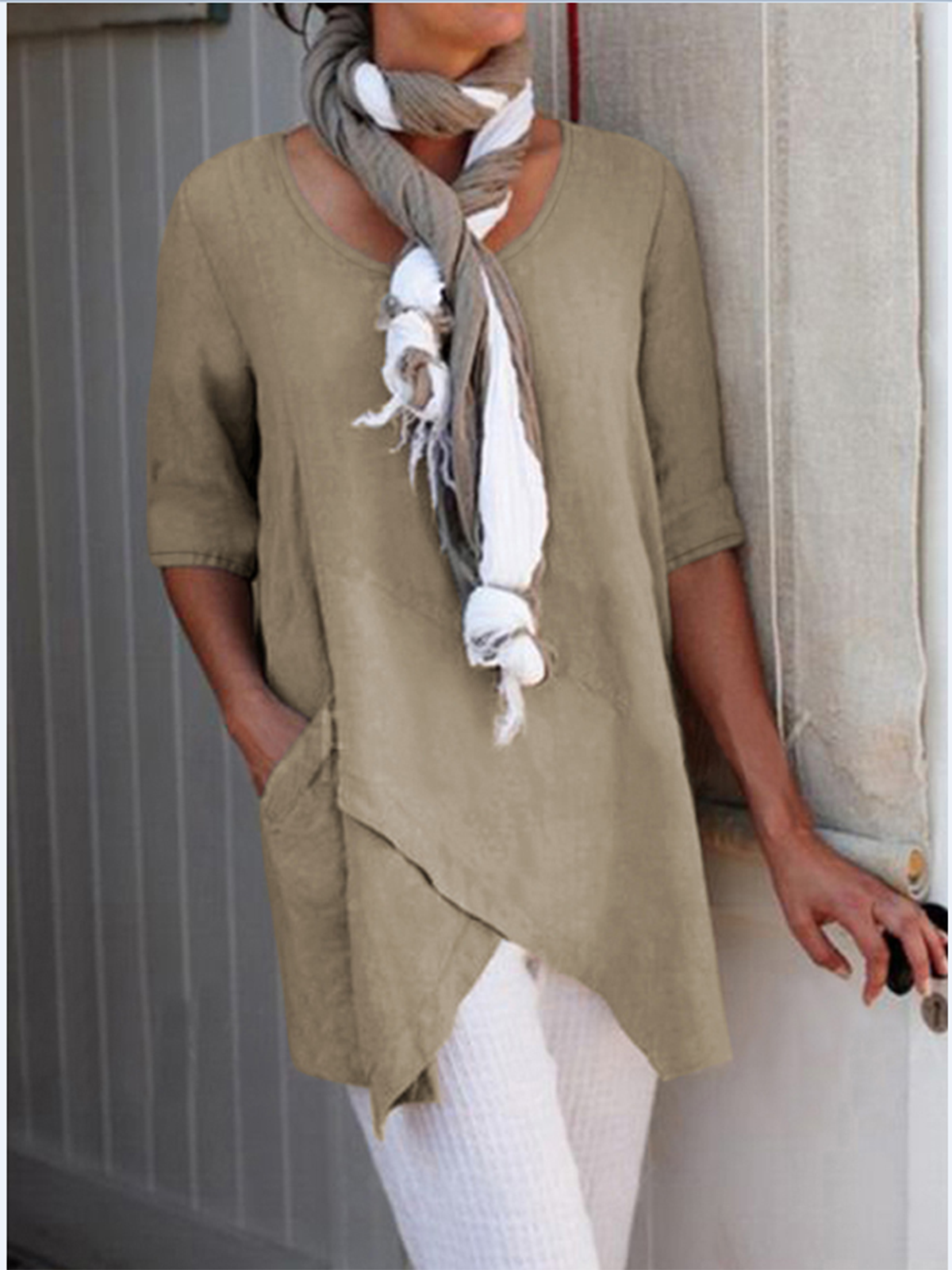 Plus Size Solid Casual Crew Neck Half Sleeve Asymmetric Tunic Blouses