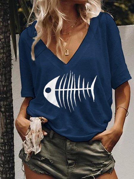 Fish Printed Casual V Neck Shirts