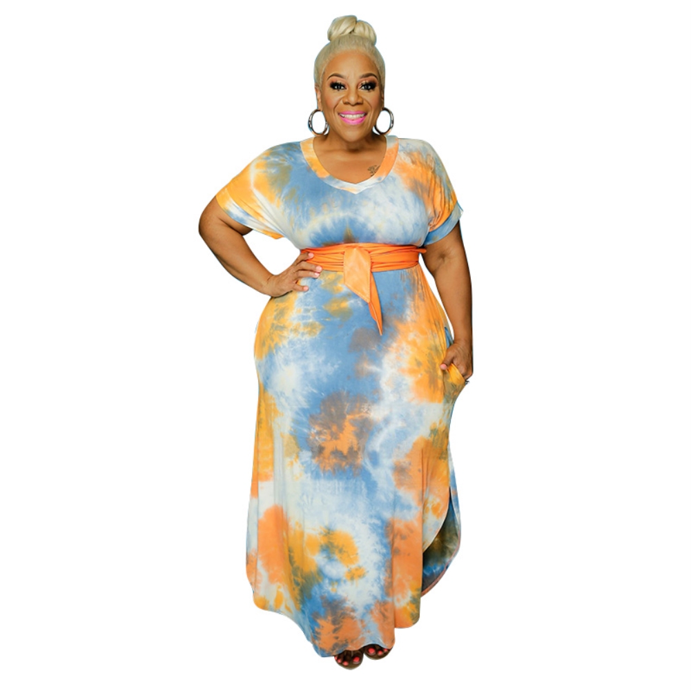 Plus Size Summer Tie Dye Pocket Long Dress