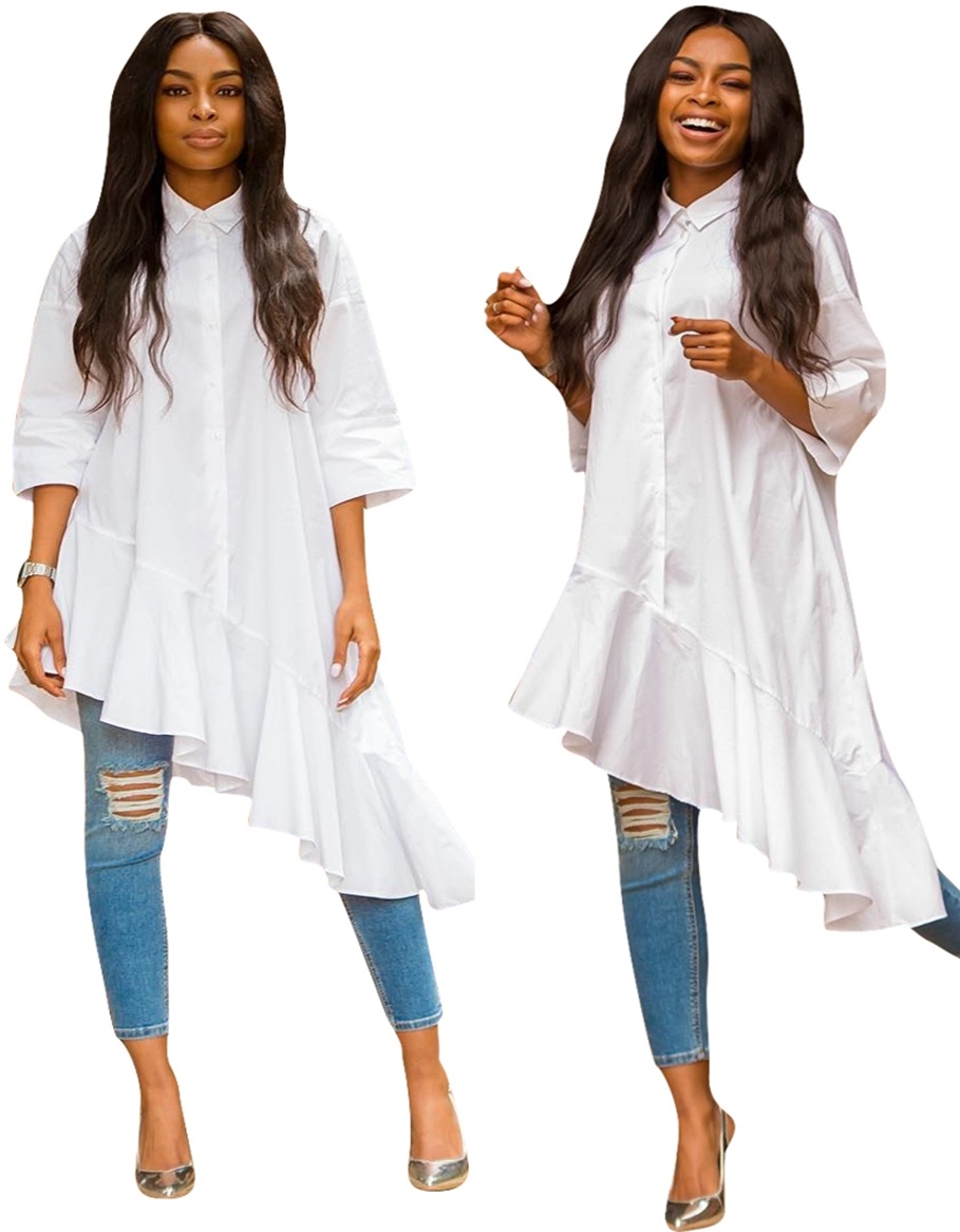 White Irregular Long Ruffle Blouse