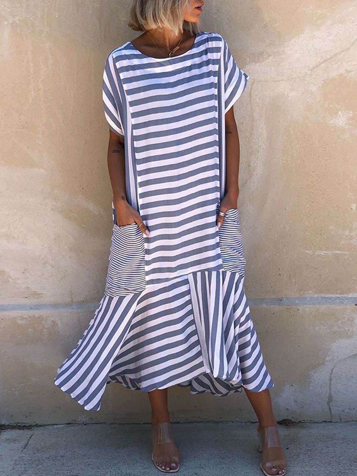 Plus Size Casual Stripes Short Sleeve Pockets Crew Neck Dresses