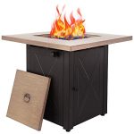 LEGACY HEATING Propane Fire Pit Table 28 inch Outdoor Gas Fire Pit Table, 50,000 BTU Steel 28��� Fire Table with Lid and Lava Rock, Square Beige and Black Firepit Table for Outside Patio Backyard Garden