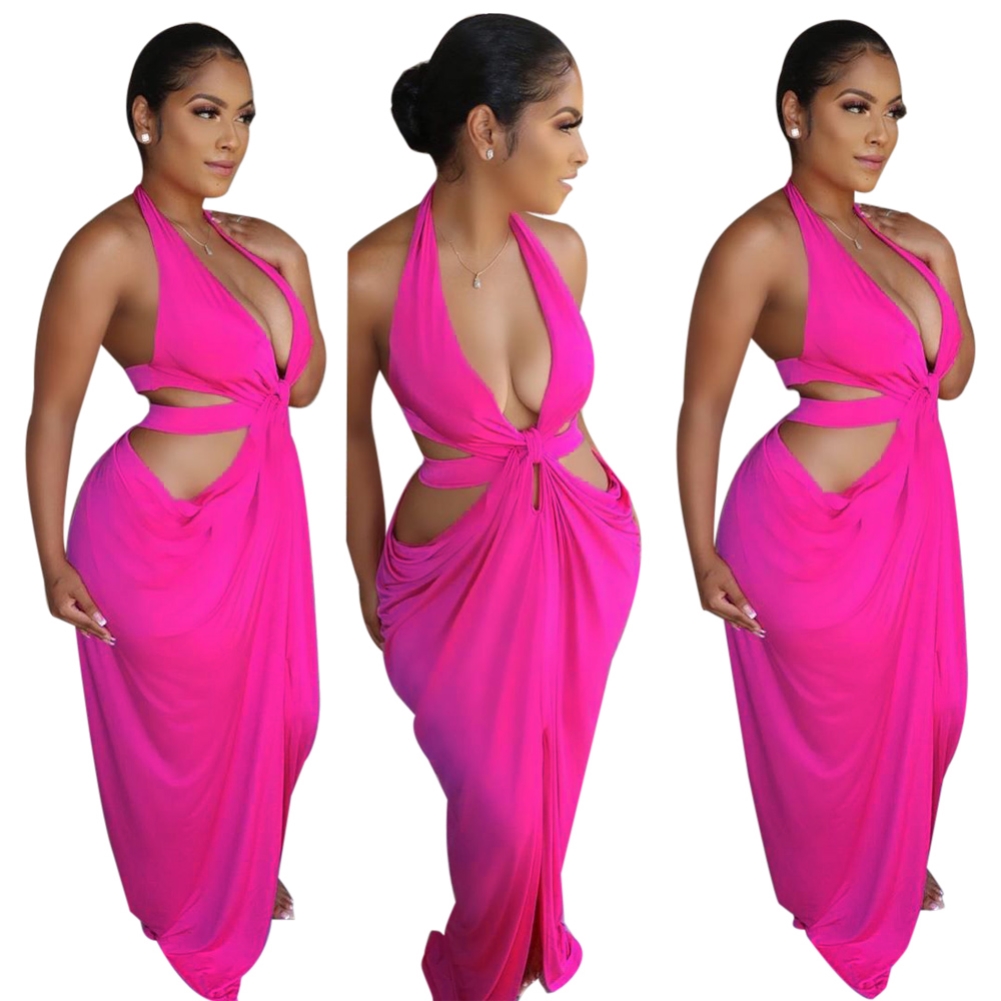 Sexy Low Back Cut Out Halter Plain Maxi Dress
