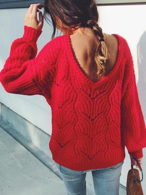 Loose Lantern Sleeve Knitting Red Women Sweater