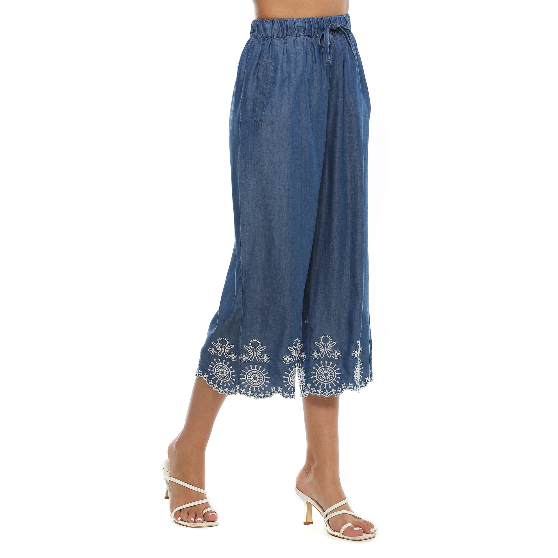 Women's Embroidered-Trim Denim Gaucho Pants