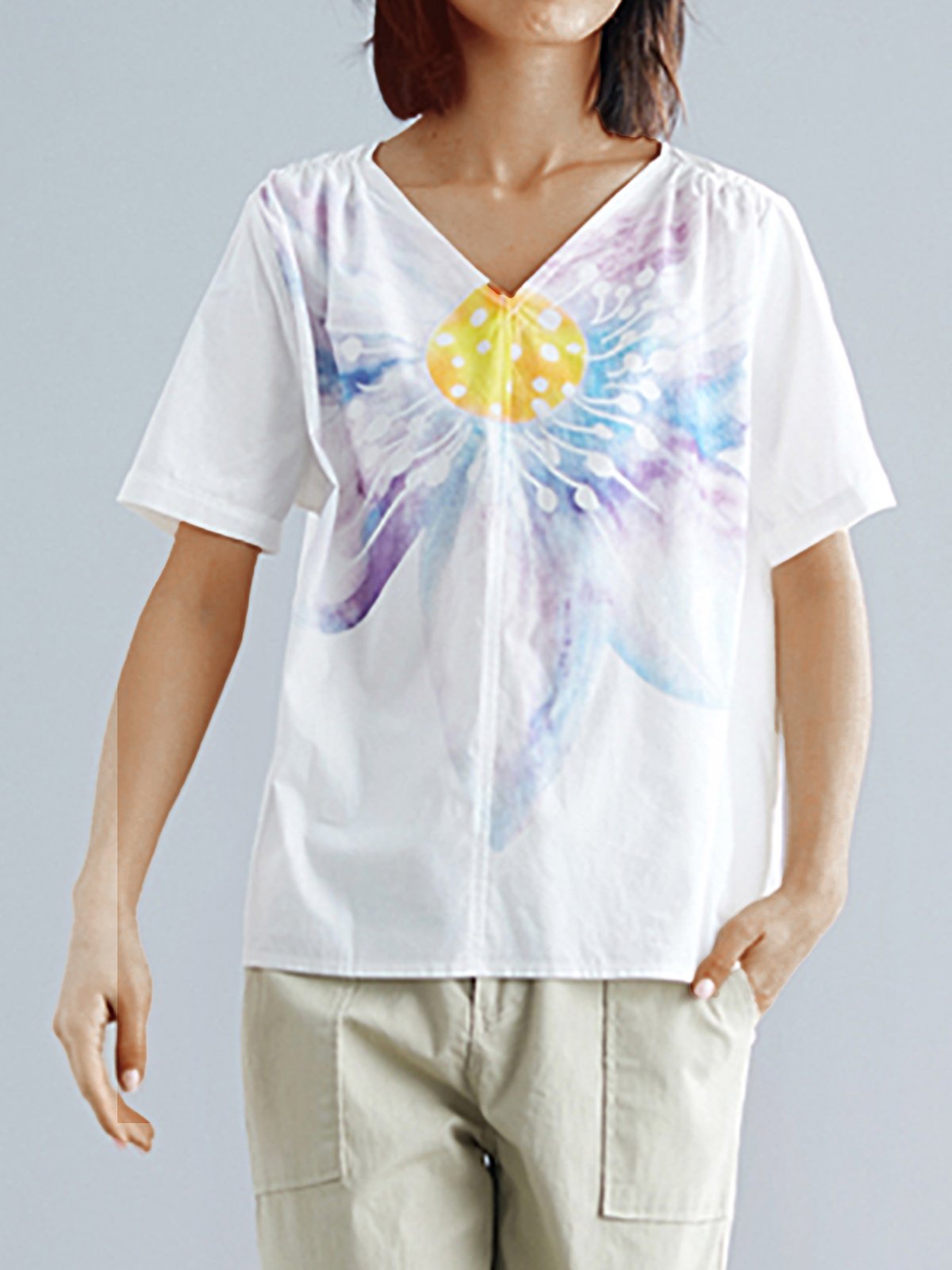 Plus Size Women Floral Short  Sleeve  V-Neck Cotton And Linen Loose Casual Top