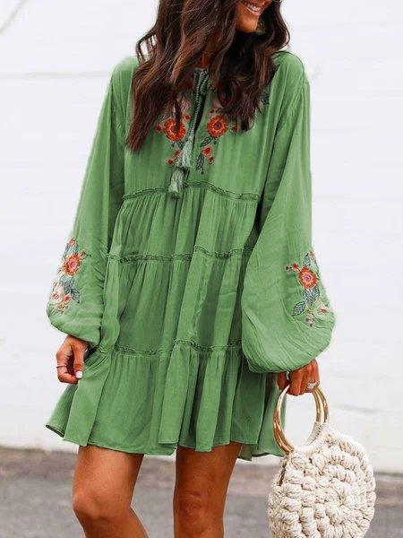 Plus Size Long Sleeve  Floral  Tassel Charm  Elegant Casual  Mini  Dresses