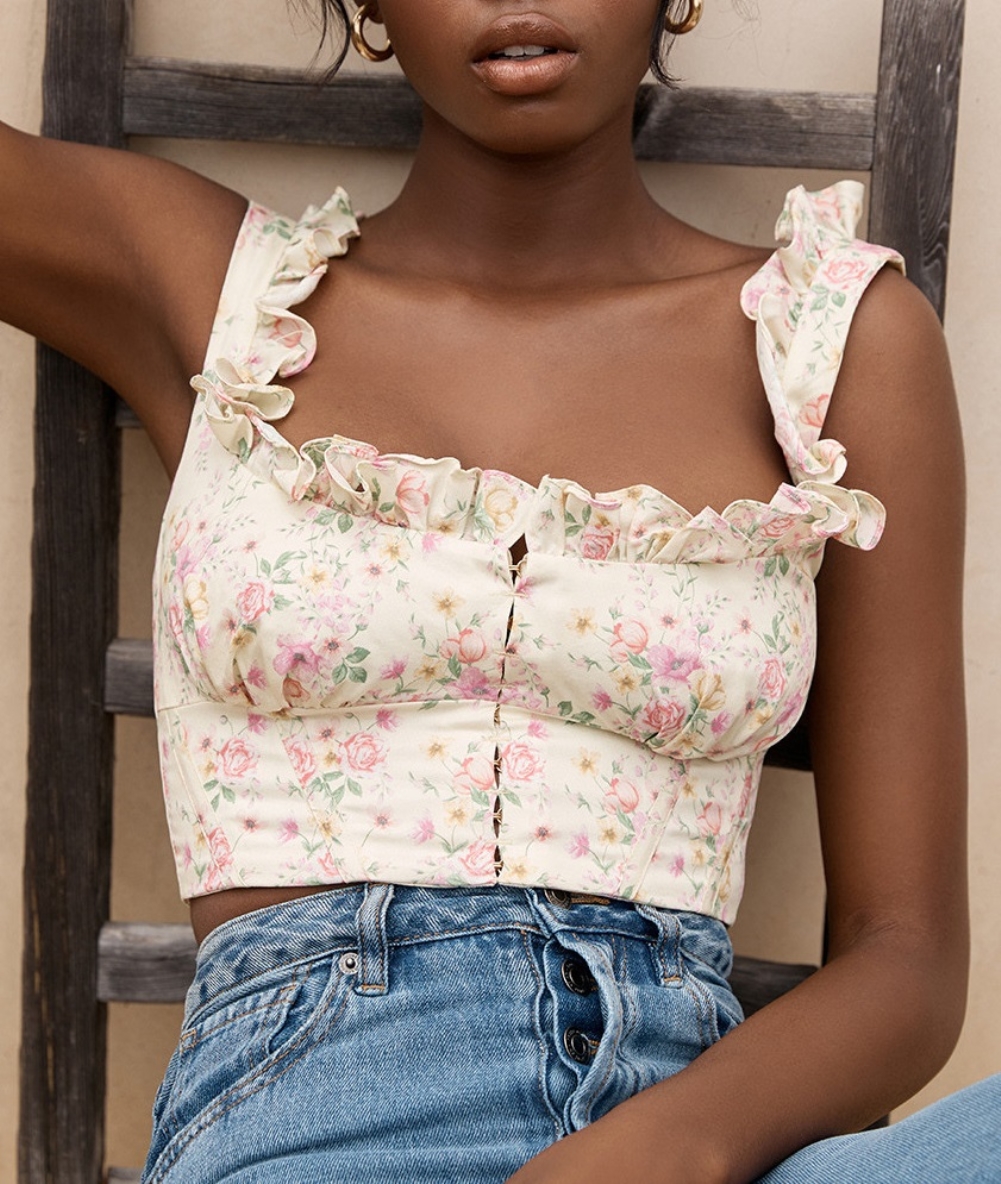 Summer Vintage Floral Sleeveless Ruffle Crop Top