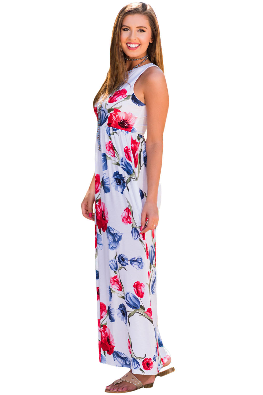 White Blossom Print Sleeveless Long Boho Dress