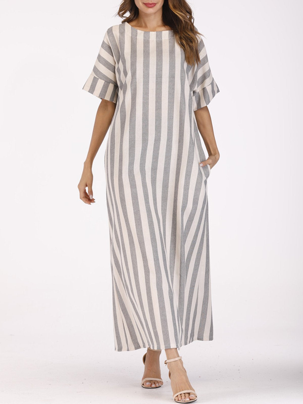 Plus Size Casual Gray A-line Stripes Dress