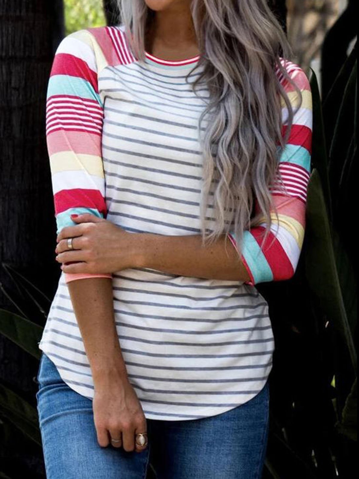 Crew Neck Printed 3/4 Sleeve Stripes Shirts & Tops