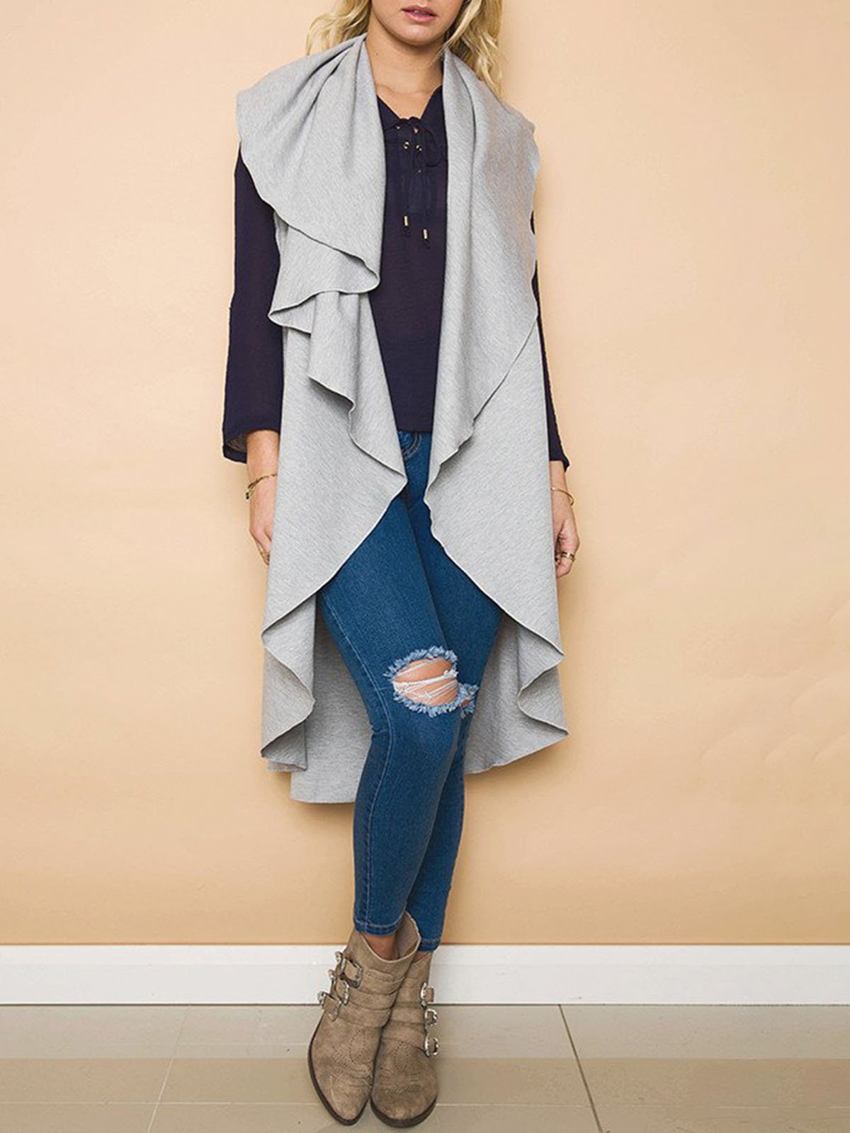 Sleeveless Casual Asymmetric Cotton Cardigan