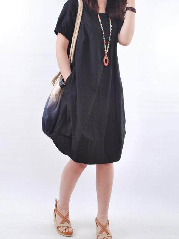 Black Solid Buttoned Cocoon Short Sleeve Casual Dress