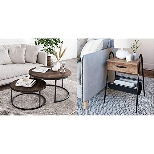 Stella Round Modern Nesting Coffee Table w/ Durable Black Metal Frame / Set of 2