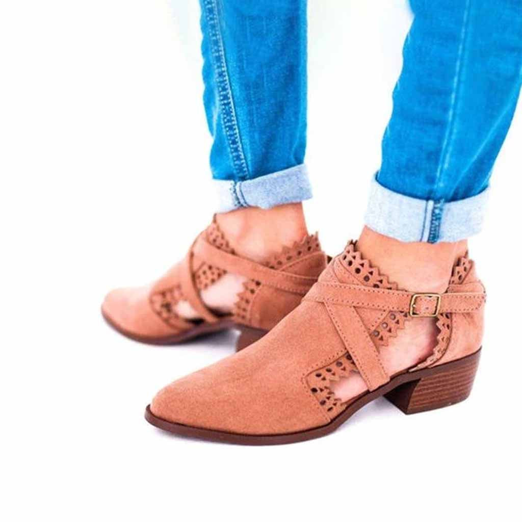 Scalloped Booties Low Heel Hollow-out Buckle Strap Boots