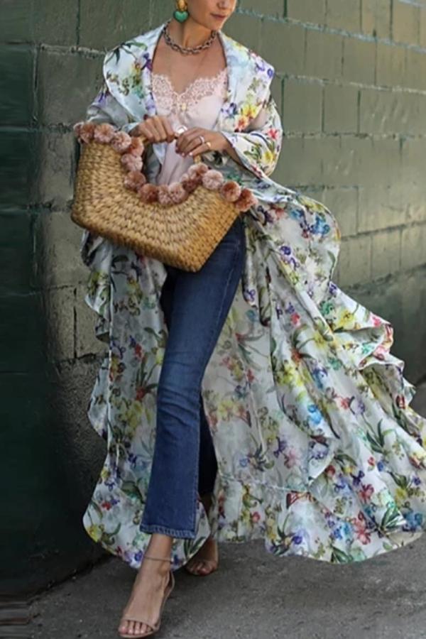 Boho Chiffon Printed Colour Ankle-Length Cardigan