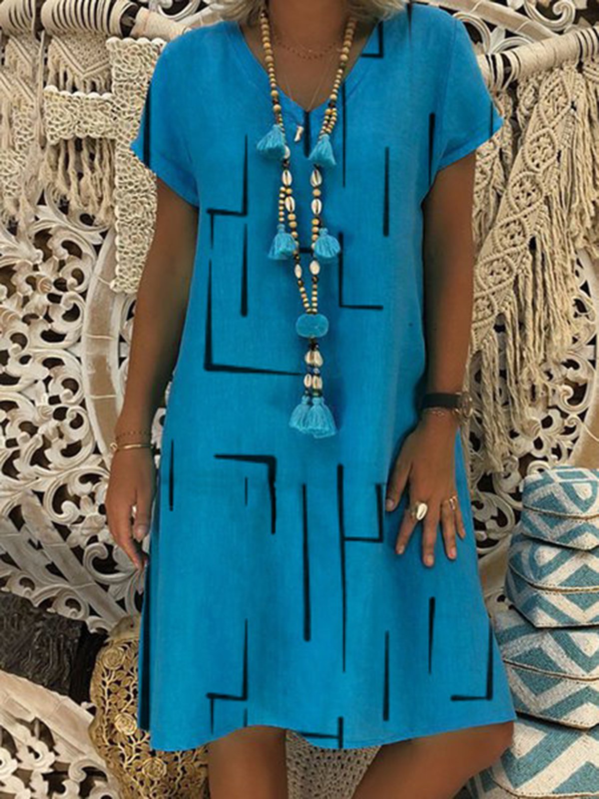 Short Sleeve Solid Casual Shift Dresses