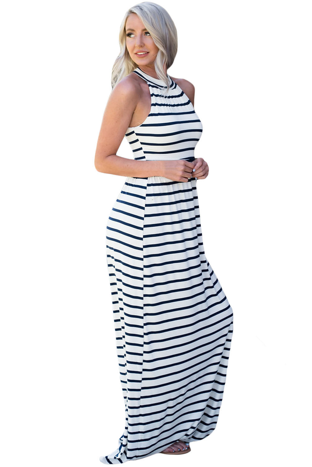 Navy Striped High Neck Sleeveless Maxi Dress