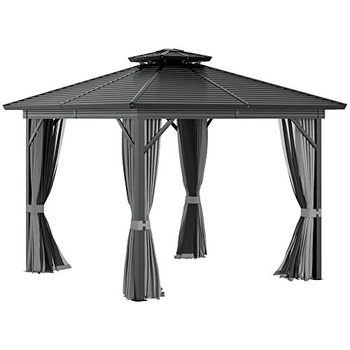 Outsunny 10��10 Hardtop Gazebo with Aluminum Frame, Permanent Metal Roof Gazebo Canopy w/ Curtains & Netting for Garden, Patio, Backyard, Grey