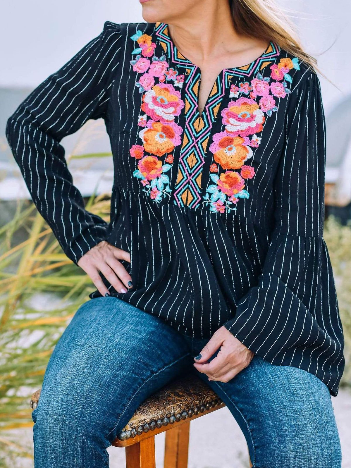 Long Sleeve Floral-Print V Neck Cotton-Blend Shirts & Tops