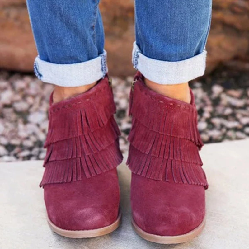 Women Short Tassel Ankle Boots Side Zipper Shoes