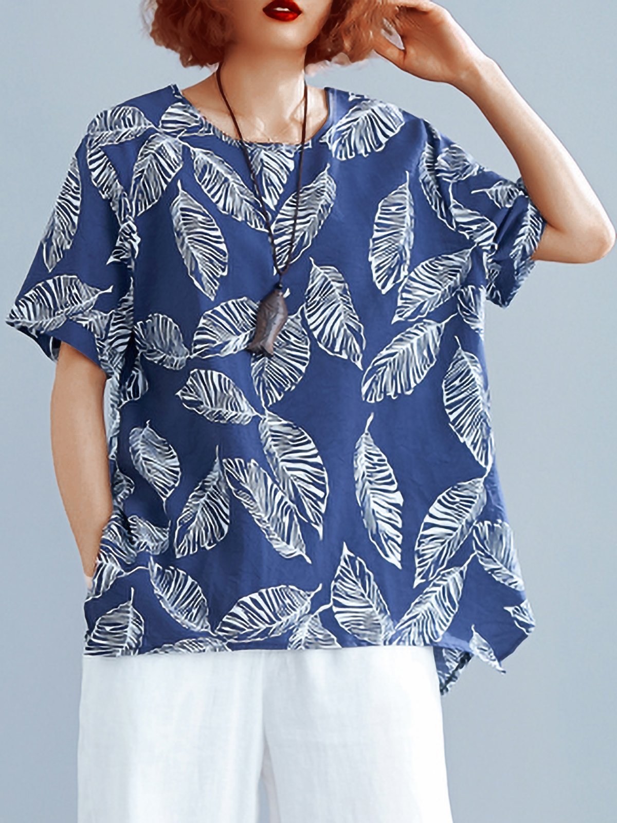 Plus Size Women Cotton And Linen Round Neck Short Sleeve Vintage Floral Casual Tops