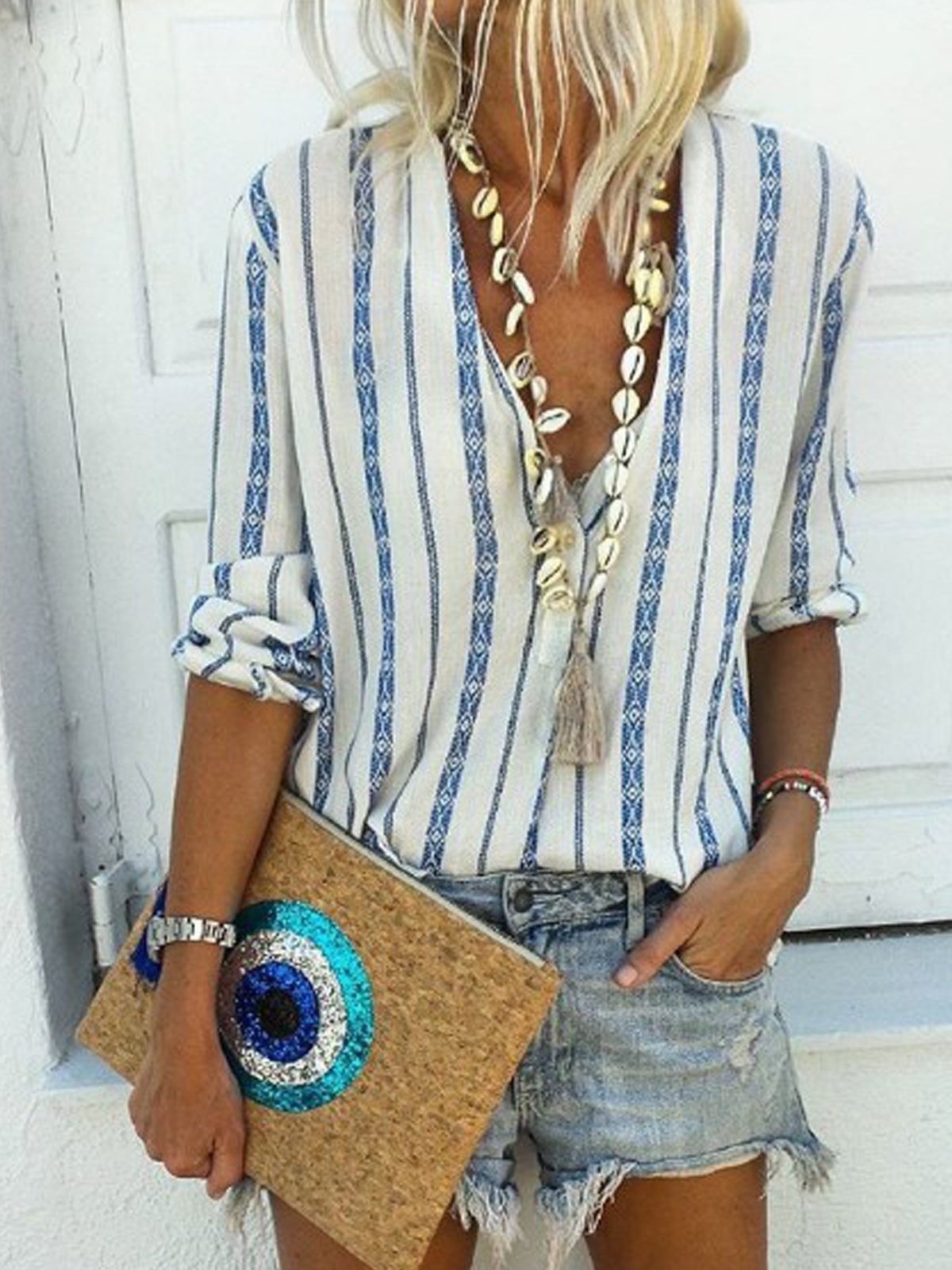 Women V Neck Stripe Blouse