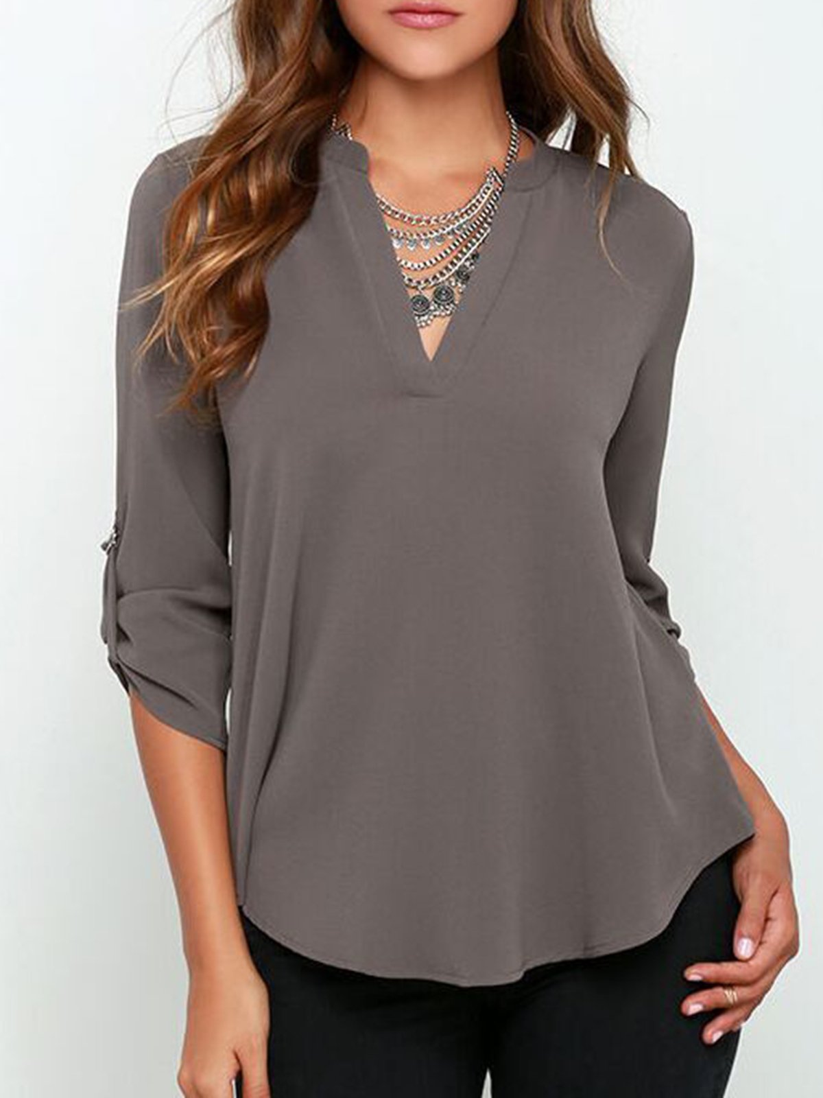 3/4 Sleeve Solid Crew Neck Casual Plus Size Blouse