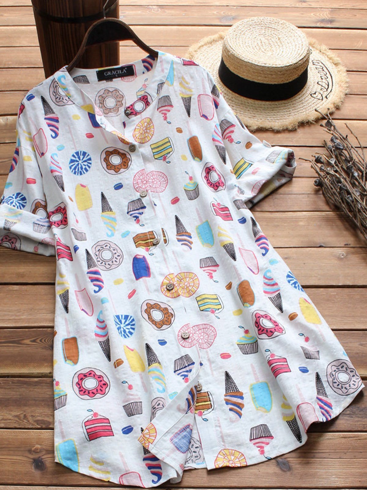 Short Sleeve Printed Cotton-Blend Shirts & Tops