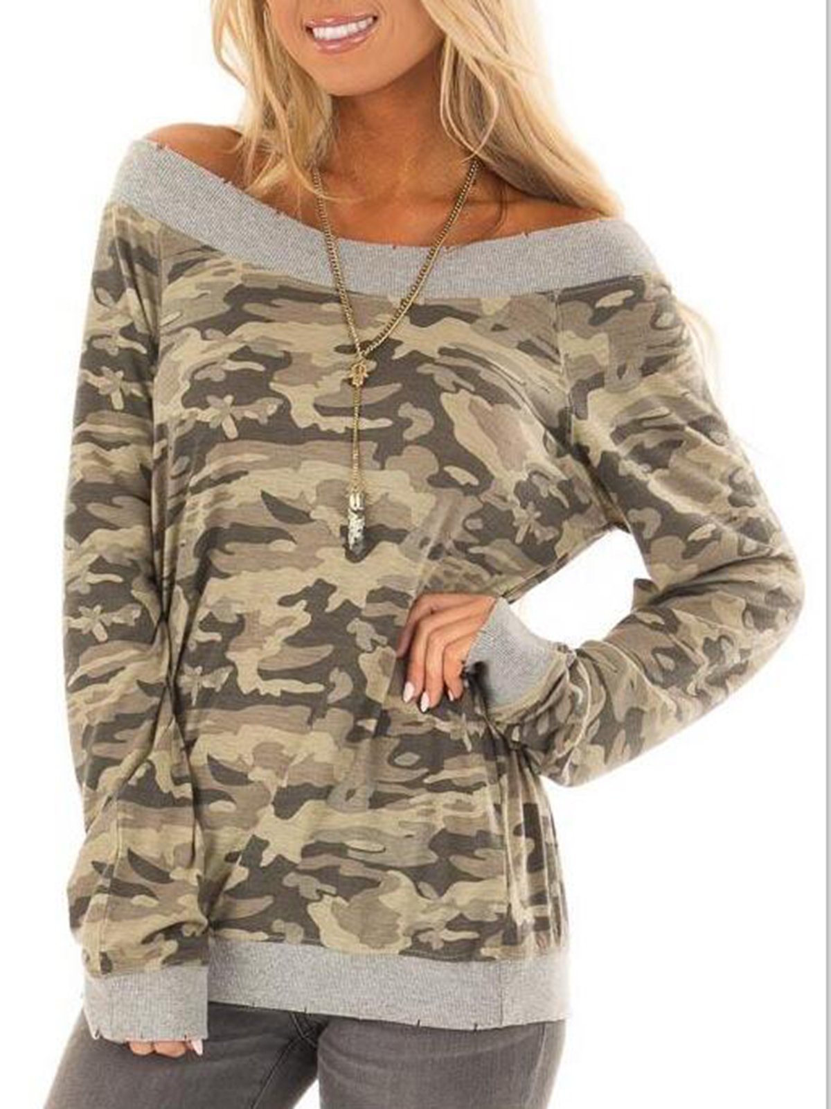 Camouflage Long Sleeve Paneled Simple & Basic T-Shirts
