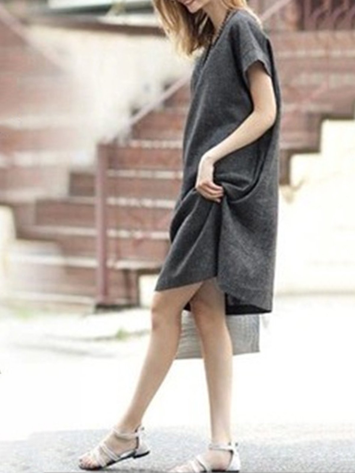 Gray A-line Linen Casual Crew Neck Plus Size Midi Dress