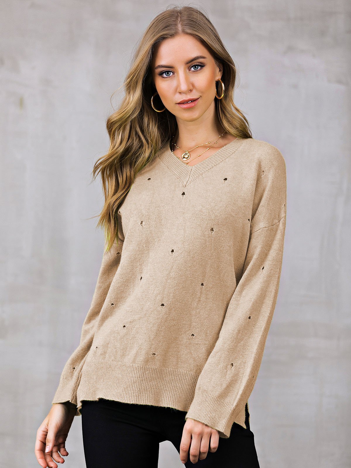 Eyelet Shift V Neck Casual Sweaters
