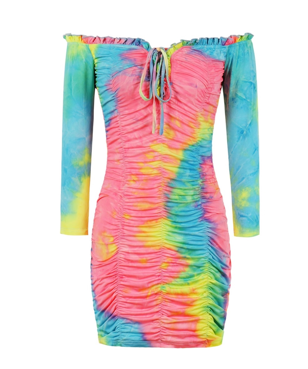 Autumn Tie Dye Off Shoulder Ruched Mini Dress
