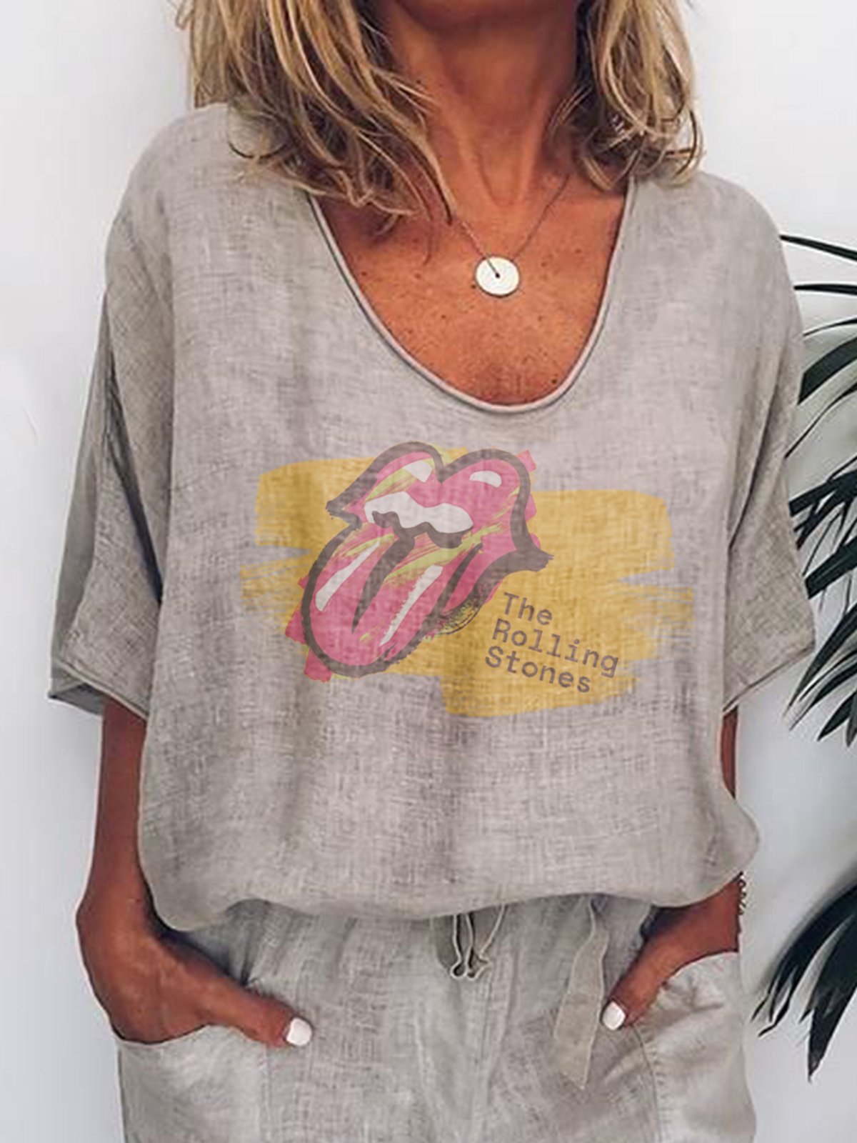 Gray Half Sleeve V Neck Shift Shirts & Tops