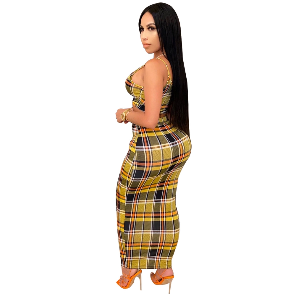 Plaid Print Sexy Strap Crop Top and Pencil Skirt Set