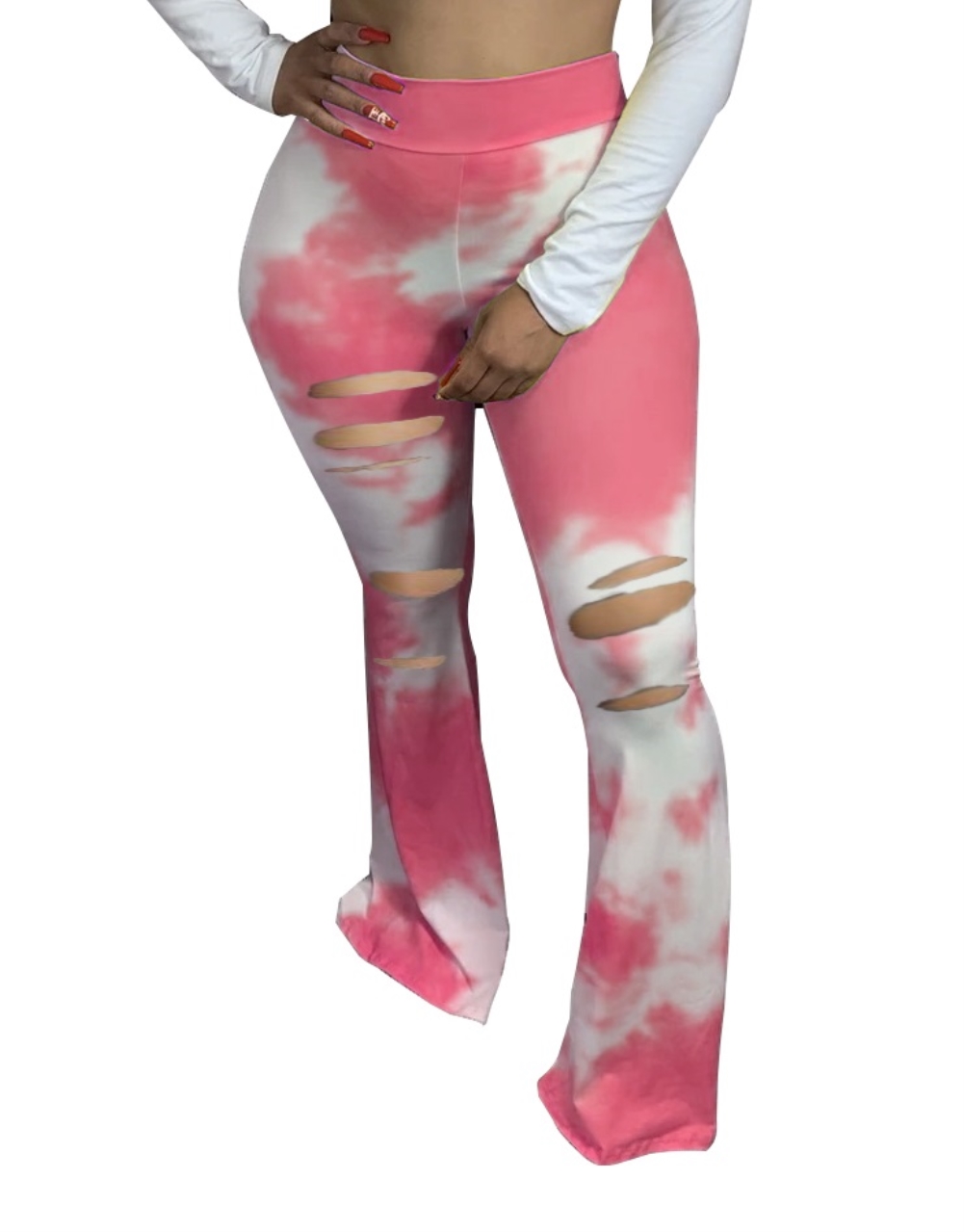 Bell Bottom Tie Dye High Waist Rip Trousers